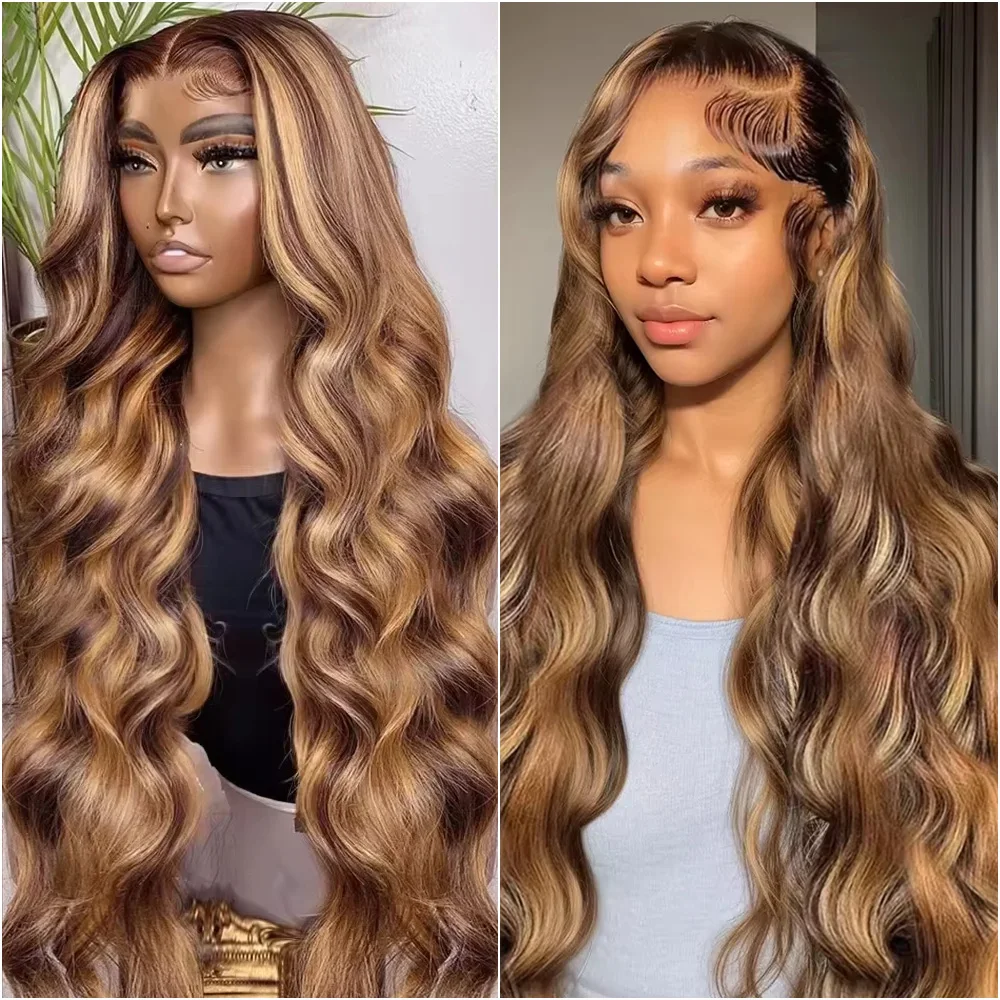 

Colored Highlight Human Hair Brazilian 13x6 Hd Lace Frontal Wig For Women 40 Inches 200% Density Blond Lace Front Body Wave Wigs
