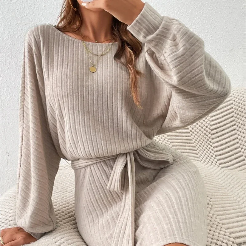 2023 Autumn New European and American Women\'s Belt Bat Sleeve Round Neck Long Sleeve Slim Casual Office Lady Female Knit Dress