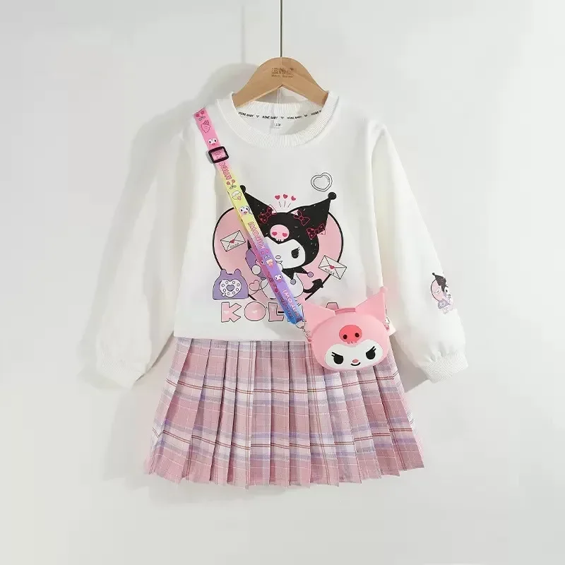 Children Clothes Set Spring Autumn Kids Kuromi Long Sleeved Sweater Tops+Checkered Pleated Skirt 2pce Teen Girls Preppy Clothing