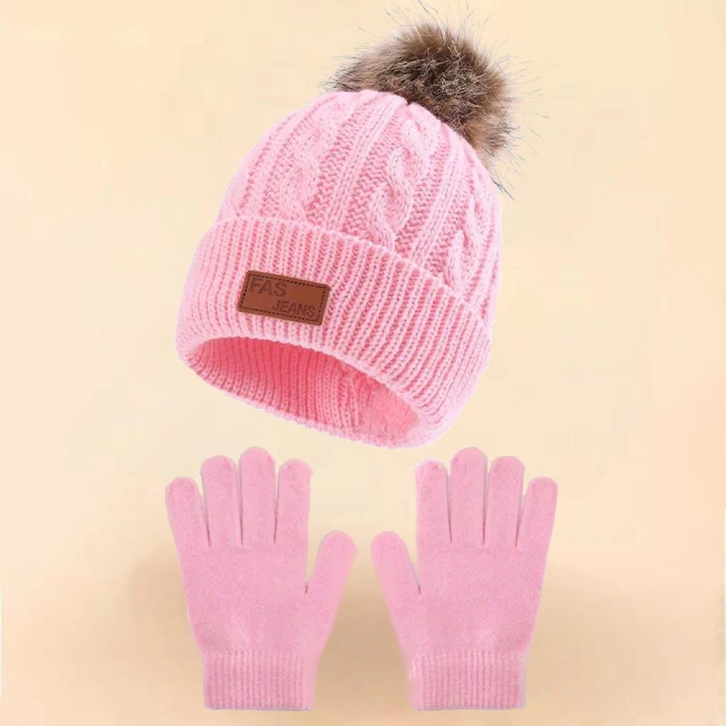 Confezione da 2 cappelli e guanti in maglia caldi per bambini, con un'unica pallina; Adatti per attività all'aperto in autunno e in inverno