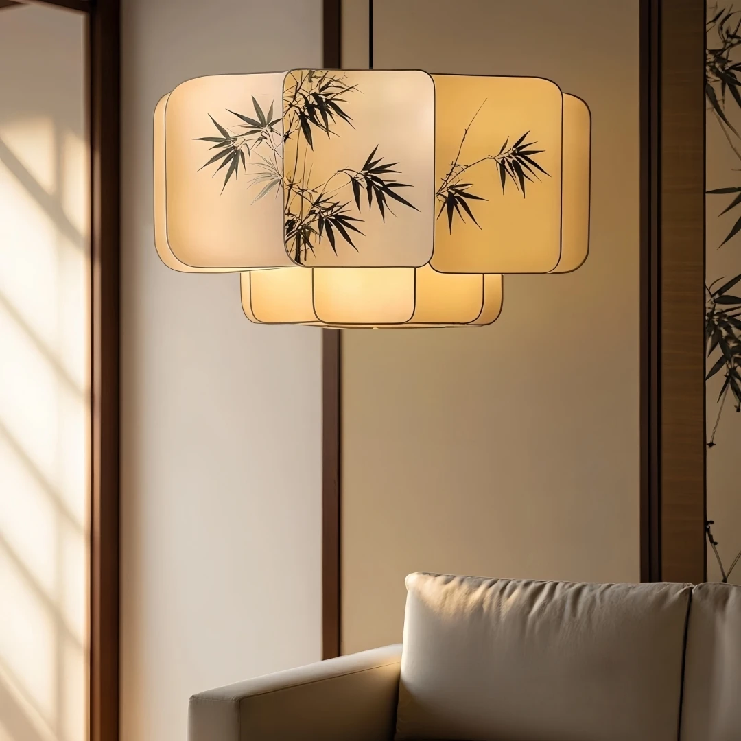 Asia Oriental Ink Bamboo Layered Pendant Light for Living Room Dining Room Tea House Elegant Zen Traditional Home Interior Decor