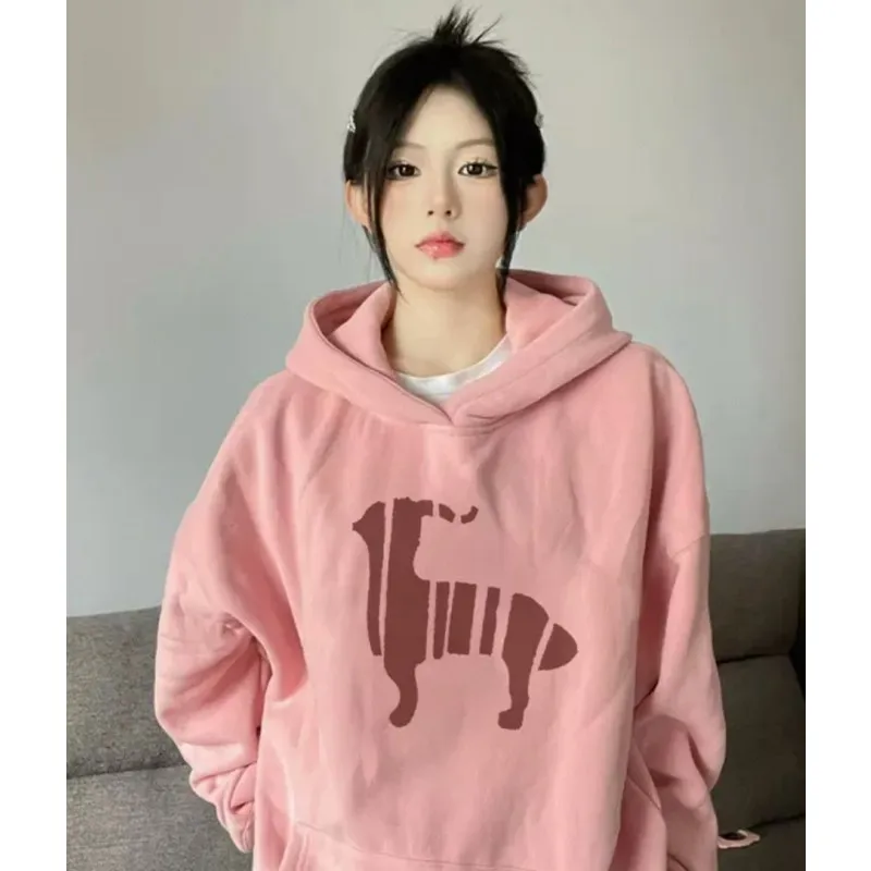 

Women's Clothing Korean Fashion Baggy Pure Pink Pullover Sweatshirt Letter Print Raglan Sleeves Long Sleeves Hoodie Autumn 2023