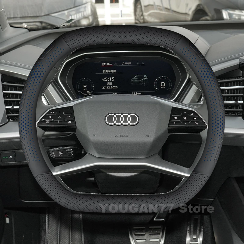 

Leather Car Steering Wheel Cover For NEW Audi Q4 e-tron 2024 2025 Non-slip Auto Steering Wheel Audi q4 etron Accessories