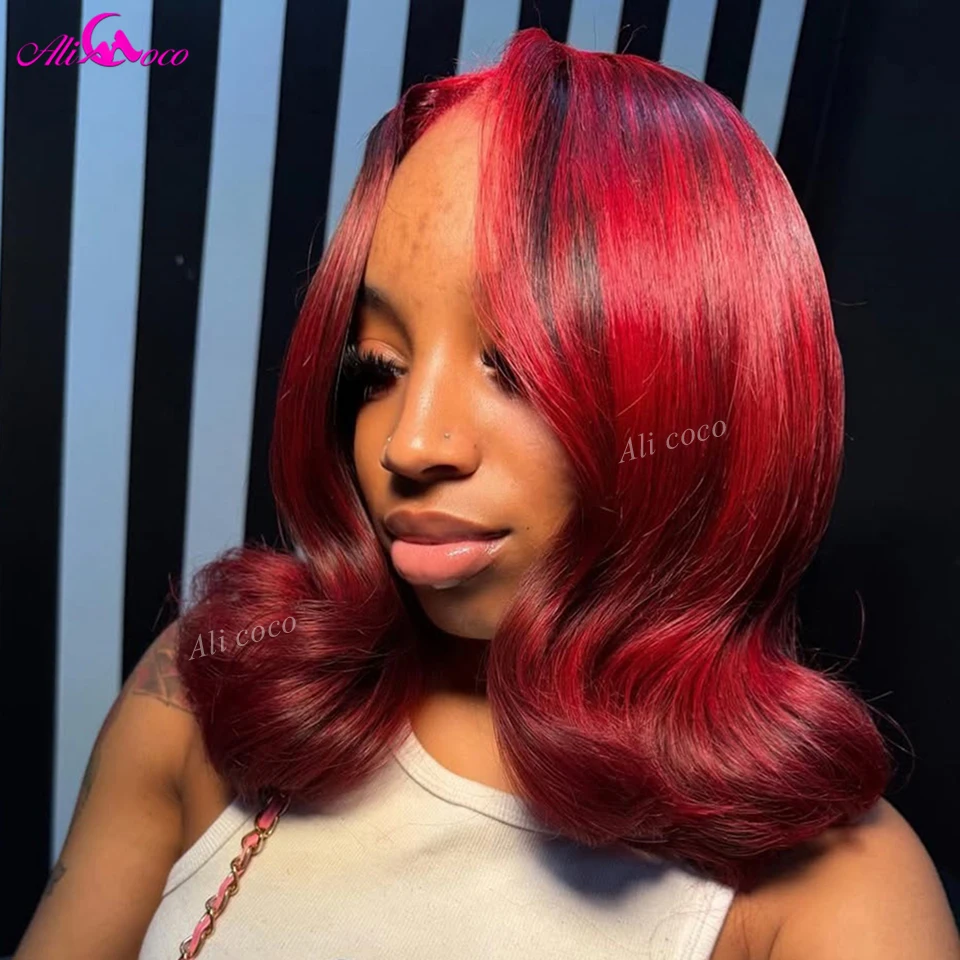 

Выделенный красный и плотность 180, объемная волна, короткий боб, предварительно выщипанный, 13x4, кружевной фронтальный парик, прозрачный бразильский парик из волос для женщин