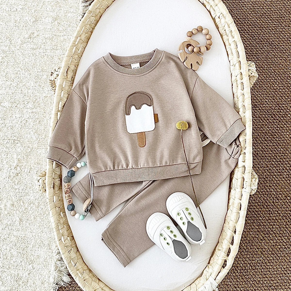 2024 Fall Baby Sets Boy Infant Clothing Toddler Casual Cotton Home Wear Ice Cream Long- Sleeved Pullover+Pants Children\'s Suits