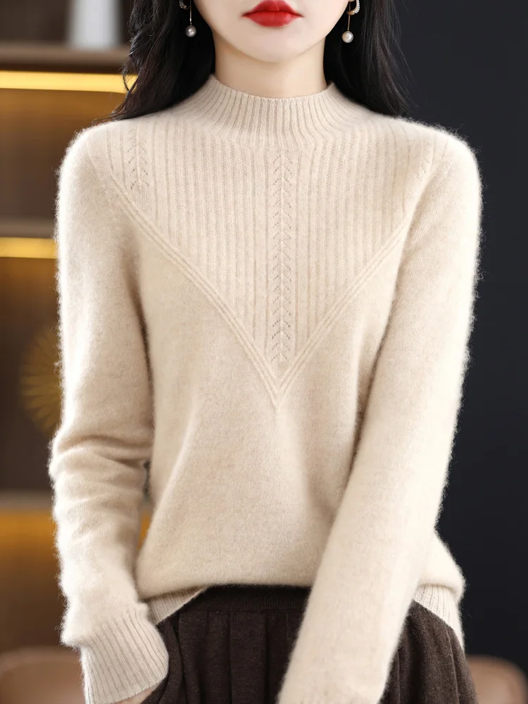 2024 Autumn Winter Women Pure Merino Wool Sweater Striped O-Neck Pullover Knitwear Casual Basics Cashmere Clothing Tops