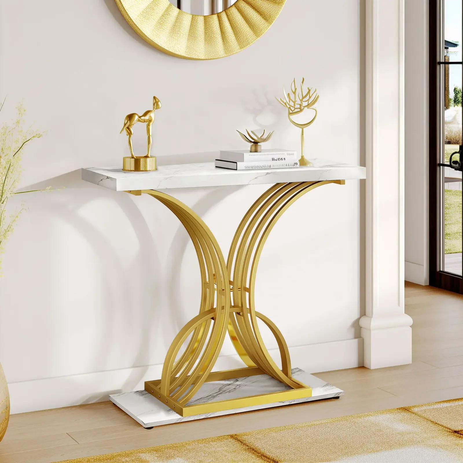 

Modern Gold Console Table 39" Entryway Table with White Faux Marble Living Room Indoor