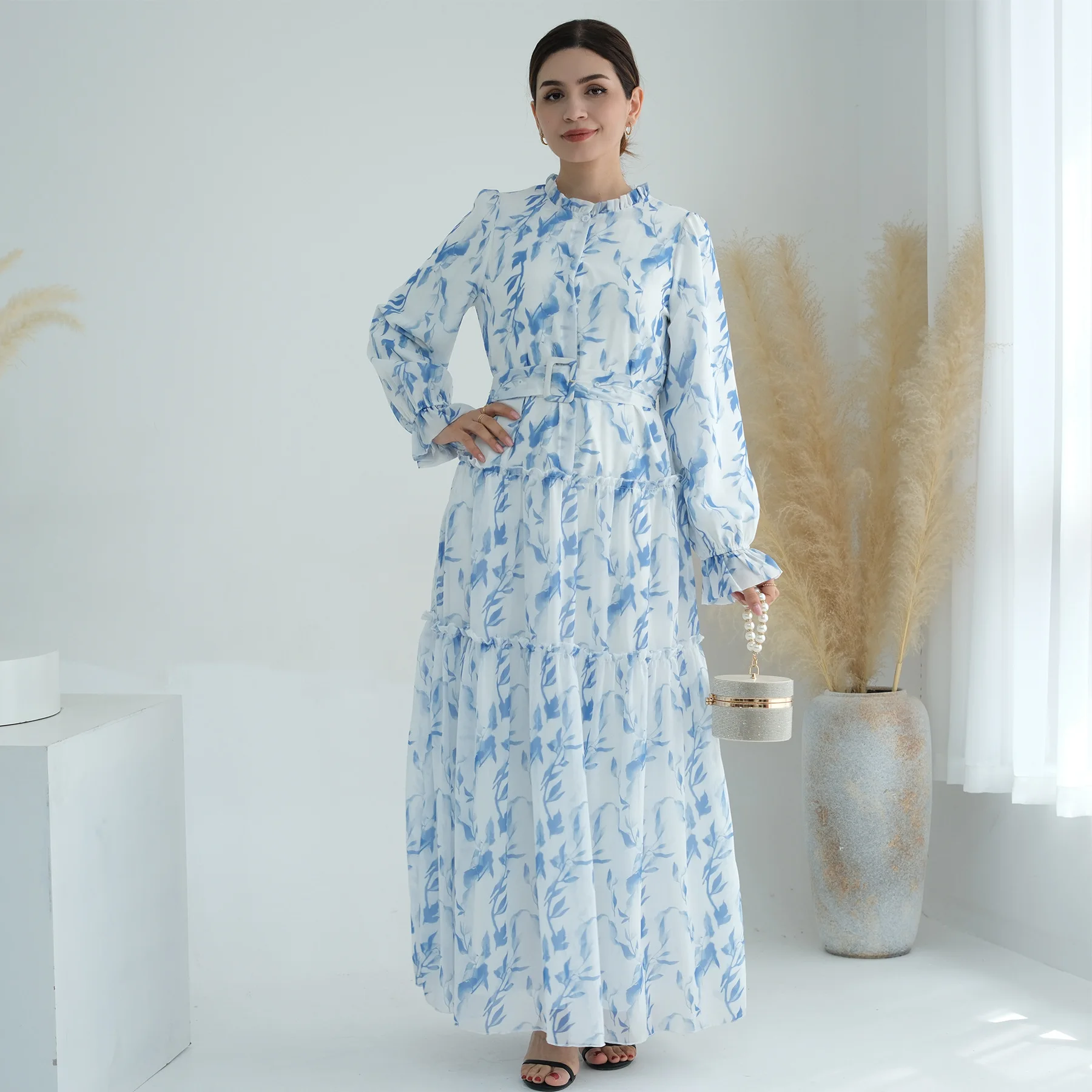 Maxivestido musulmán con botones y estampado Floral para mujer, Jalabiya con cinturón, bata árabe saudita, caftán de Dubái, ropa islámica, vestido marroquí Abaya