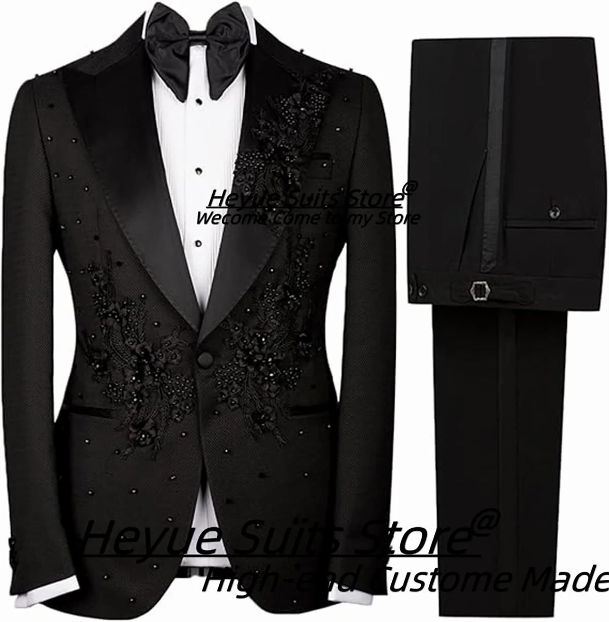 Customized Elegant 3D Embroidery Beads Men Suits Slim Fit Peak Lapel Groom Tuxedos 2 Pieces Sets Male Blazers Casual Ropa Hombre