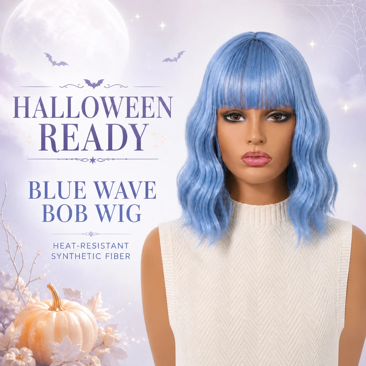 Halloween Blue Wave Bob Wig for Women Short Cosplay Wig with Bangs Heat Resistant Synthetic Hair Party Costume Wig