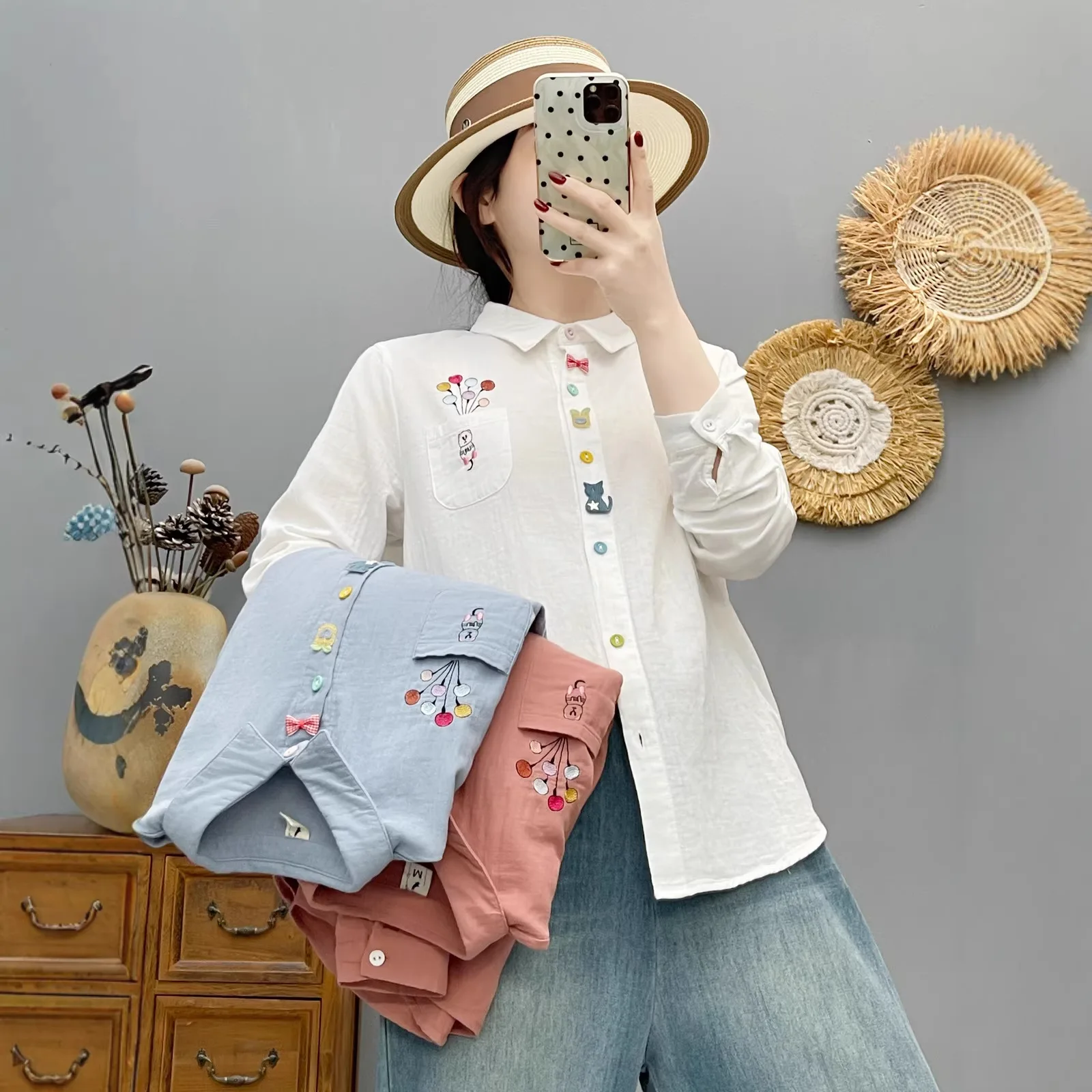 

Японская милая хлопковая рубашка в стиле Mori Girl с мультяшной вышивкой, женская, весна-осень, с отложным воротником, длинным рукавом, повседневная свободная блузка