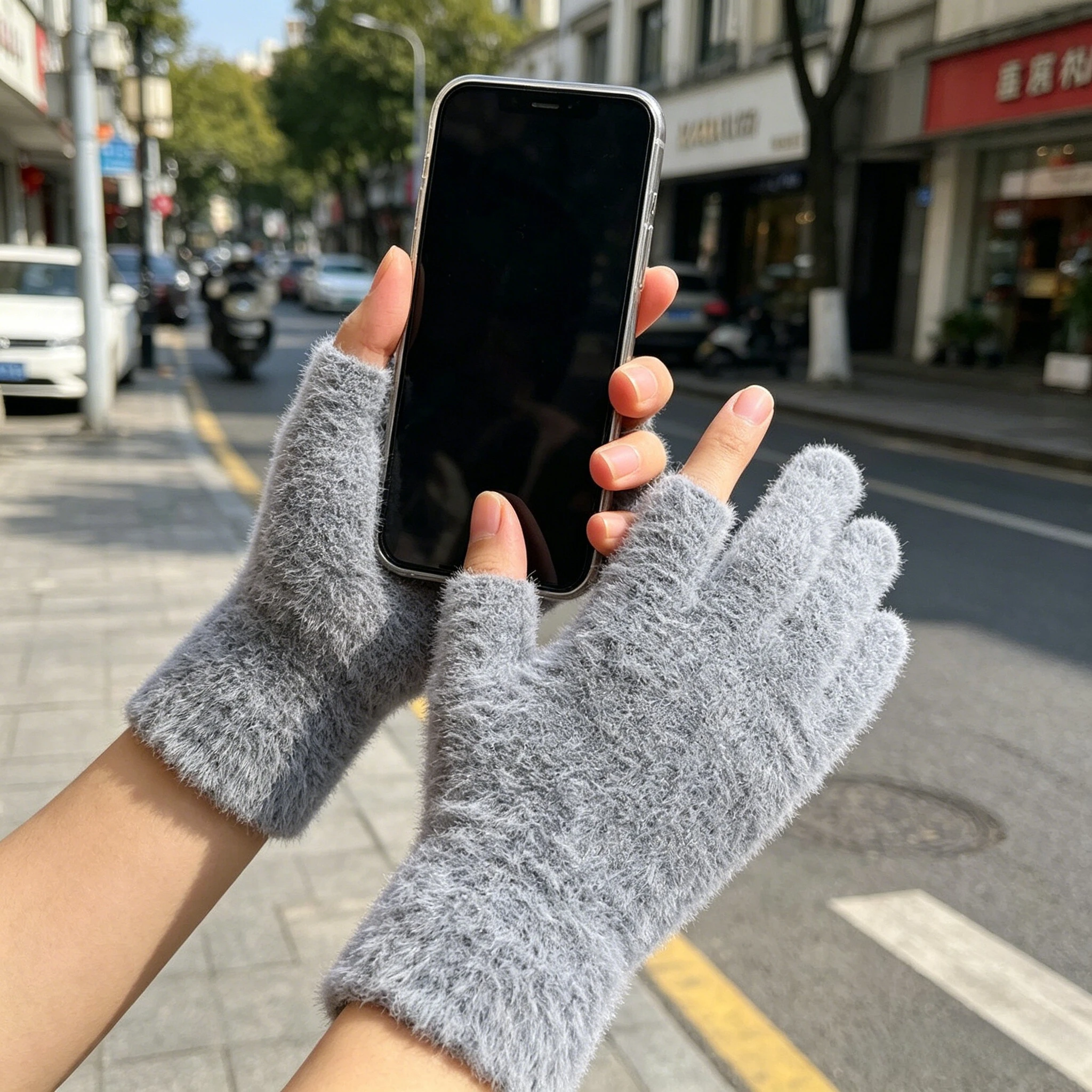 2pcs/1 pair Gray Women's Winter Warm Fingerless Gloves for Writing and Touch Screen Use Casual Outings Gloves,Touchscreen gloves