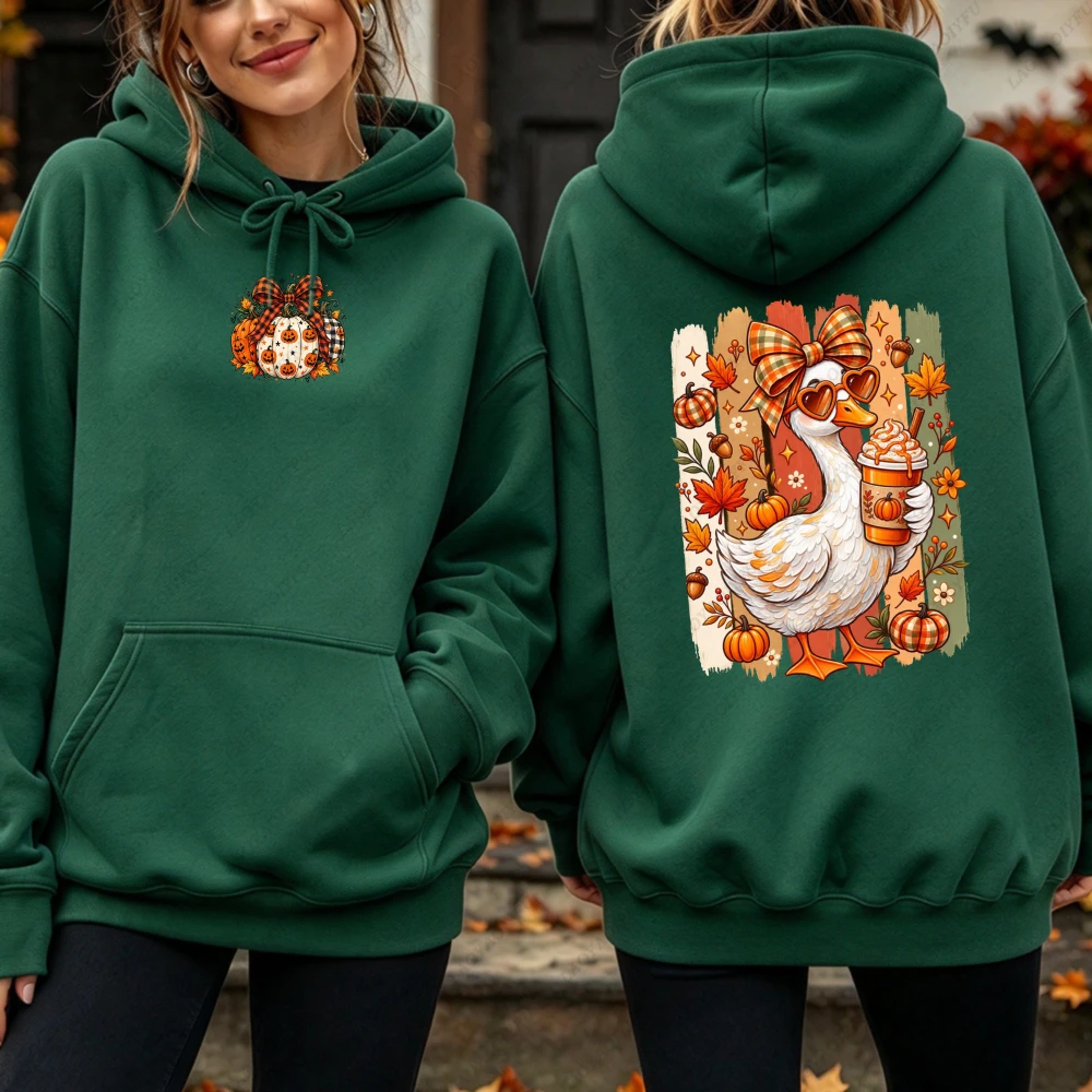 Fall Duck Pumpkin Spice Coffee Double Side Print Hoodie Women Casual Long Sleeve Cute Retro Sunglasses Bow Autumn Fashion Top