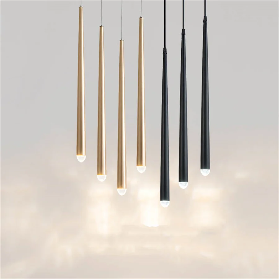 Golden Long Tube LED Pendant Light With Crystal Waterdrop Kitchen Restaurant Bar Chandeliers Office Cafe Island Pendant Lamps