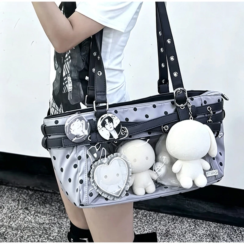 Polka Dot Ita-Tasche mit transparentem Sichtfenster, Damen Anime-Schultertasche, Lolita-Handtasche für Mädchen, Kawaii-Geldbörse mit Gürtelschnallendesign – Detail 12