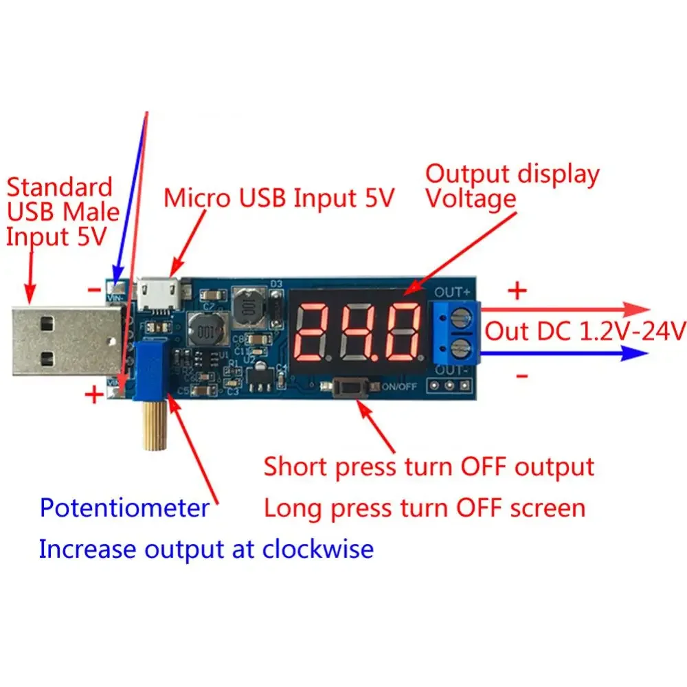 Alimentation DC-DC Tech USB Step ettes/Down 5V à 3.3V / 12V Réglable Out DC 1.2V-24V Boost Buck Converter