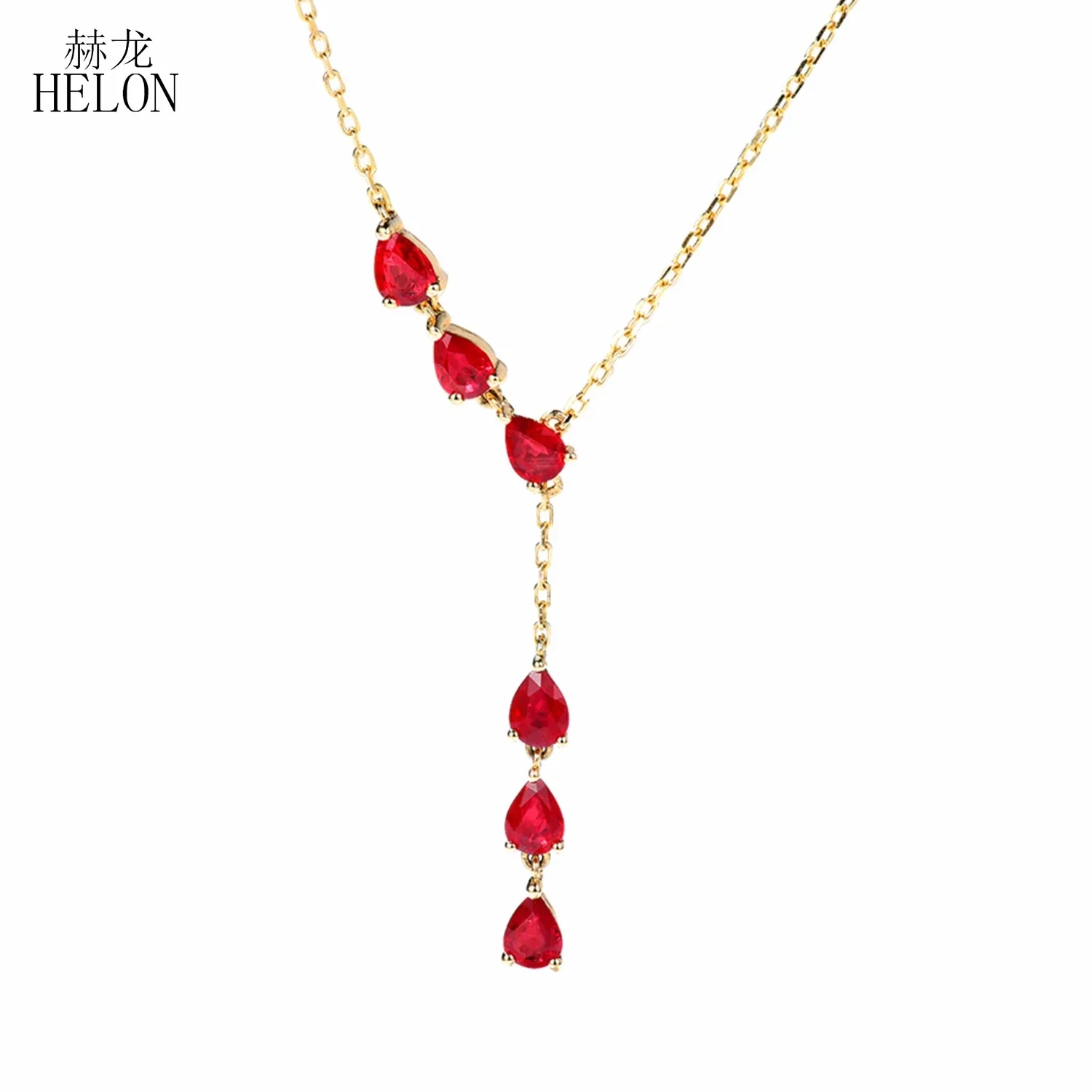 

HELON Solid 18K Yellow Gold Water Drop Genuine Ruby Engagement Necklaces Women Anniversary collarbone chain Trendy Fine Jewelry