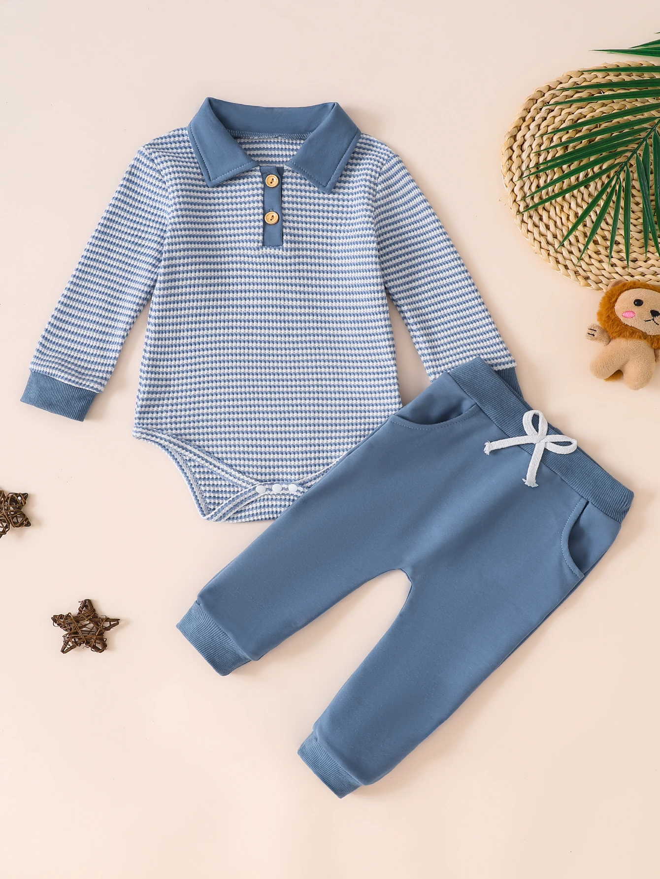 Striped Waffle Knit Baby 2Pcs Outfit Lapel Long Sleeve Bodysuit Solid Drawstring Pants Infant Casual Daily Home Clothes Set