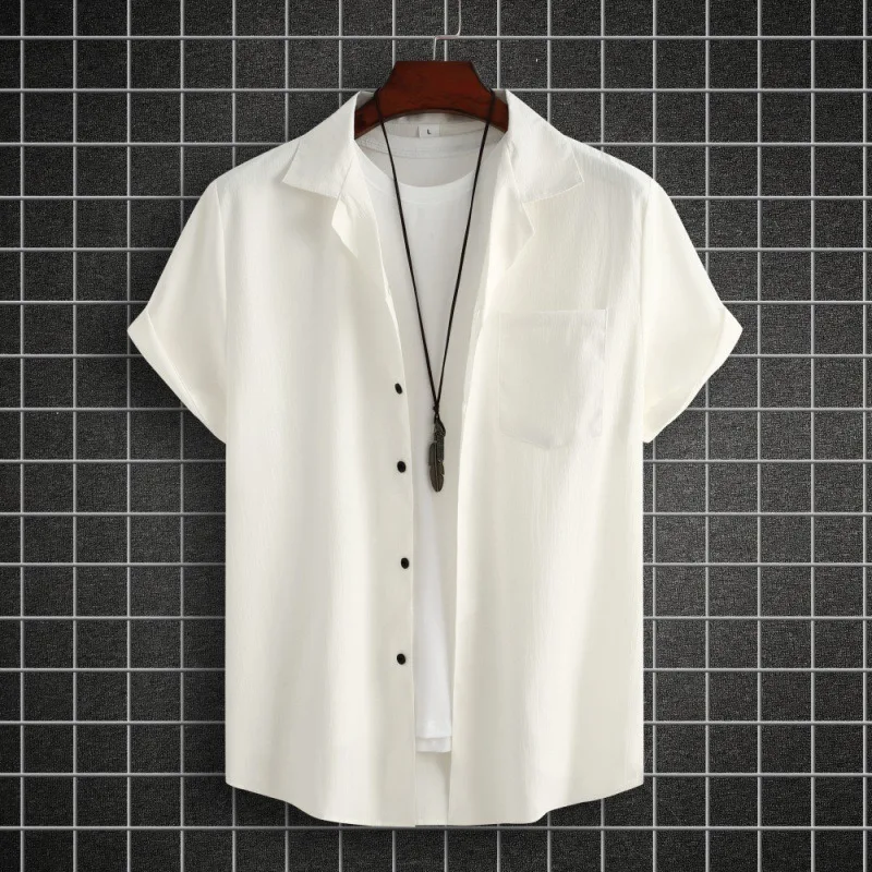 

Cuba collar solid color casual short sleeve cotton shirt