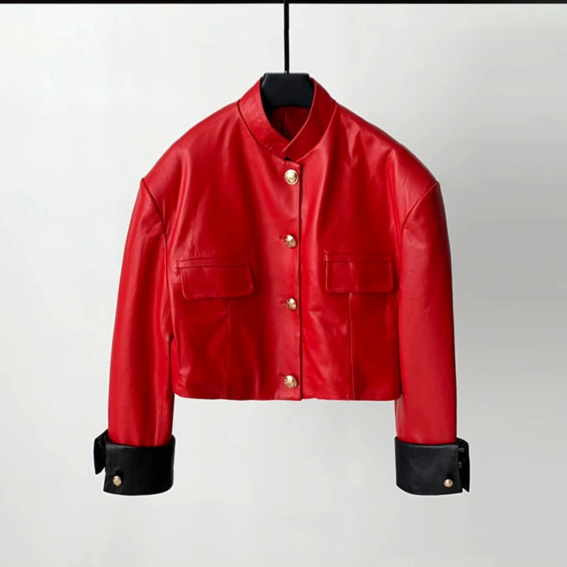 Mode Kurze Stehkragen Schaffell Jacke 2025, Herbst Frauen Manschette Nähte Farbe Einreiher Echt Leder Mäntel Streetwear