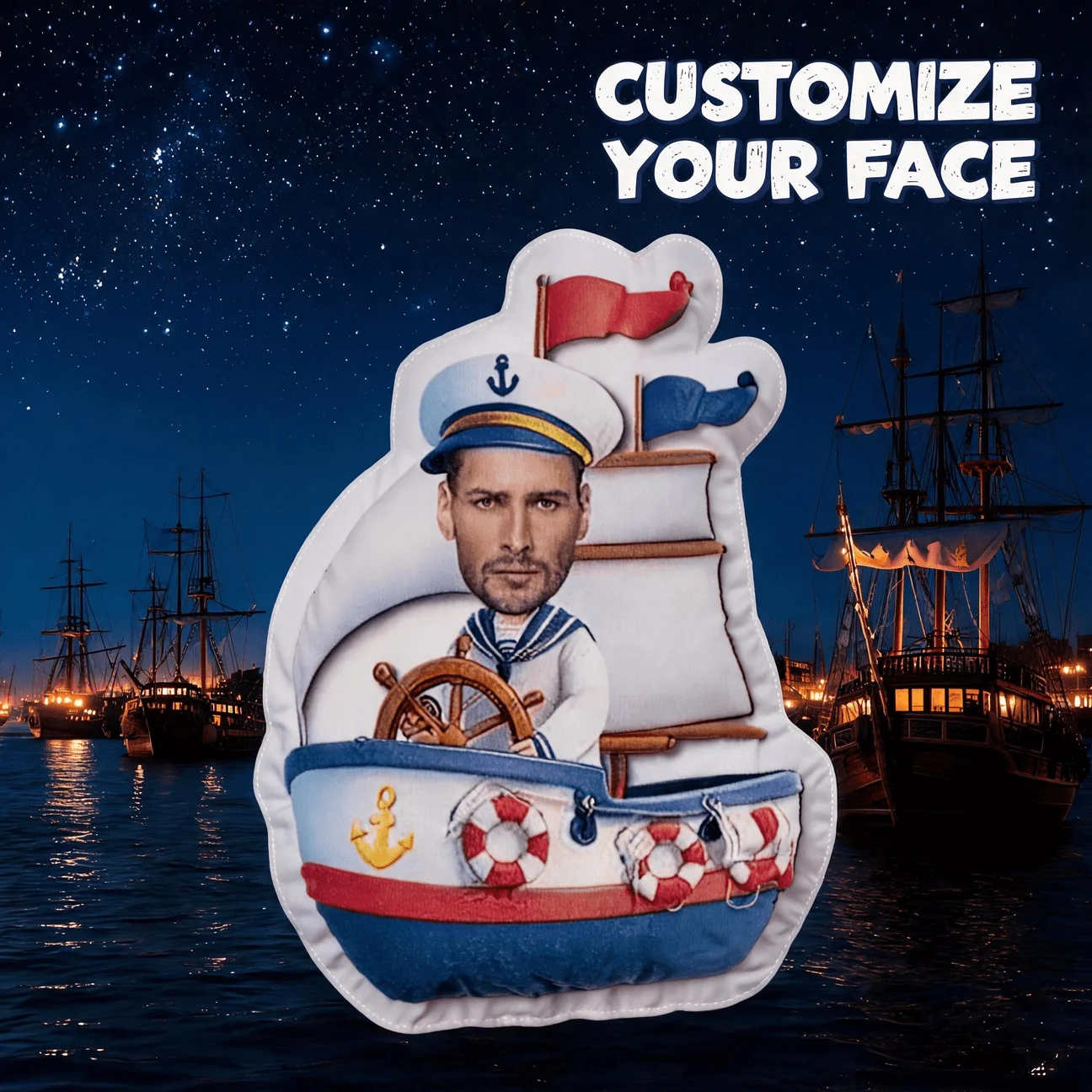 Custom Photo Sailor Boat Shaped Pillow, Personalized Face Captain Ship Decorative Cushion, Unique Home Decor Accent for Sofa & B