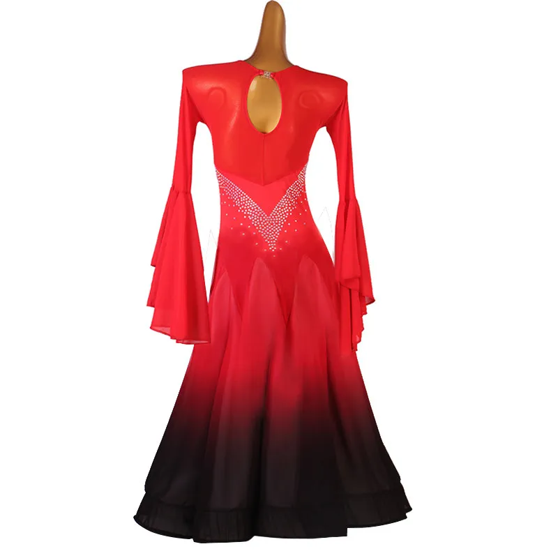 Round neck flare long sleeve big swing dance dress with diagonal square rhinestones and red‑black gradient skirt,suitable for ba