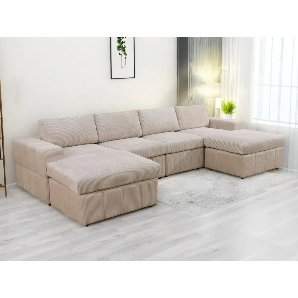 Reversible 6 Pcs Modular Sectional Sofa Couch U-Shaped Couch Corduroy Sectional Sofa Oversize Ottomans,Living Room Furniture Set