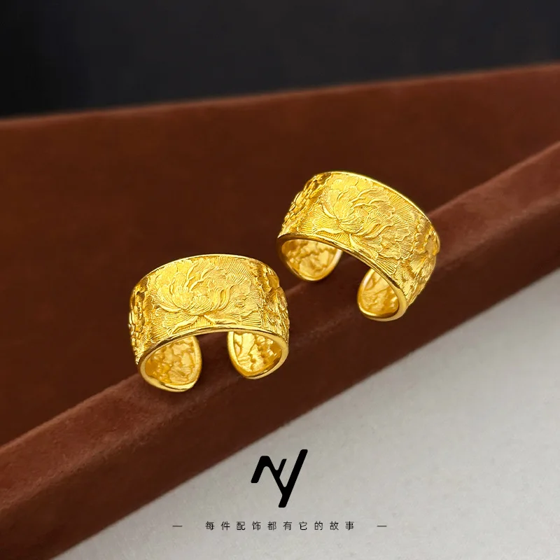 

Новое женское кольцо с цветком пиона в китайском стиле 9999, настоящее золото 24 карата с гравировкой пиона, открытое кольцо в нишевом этническом стиле