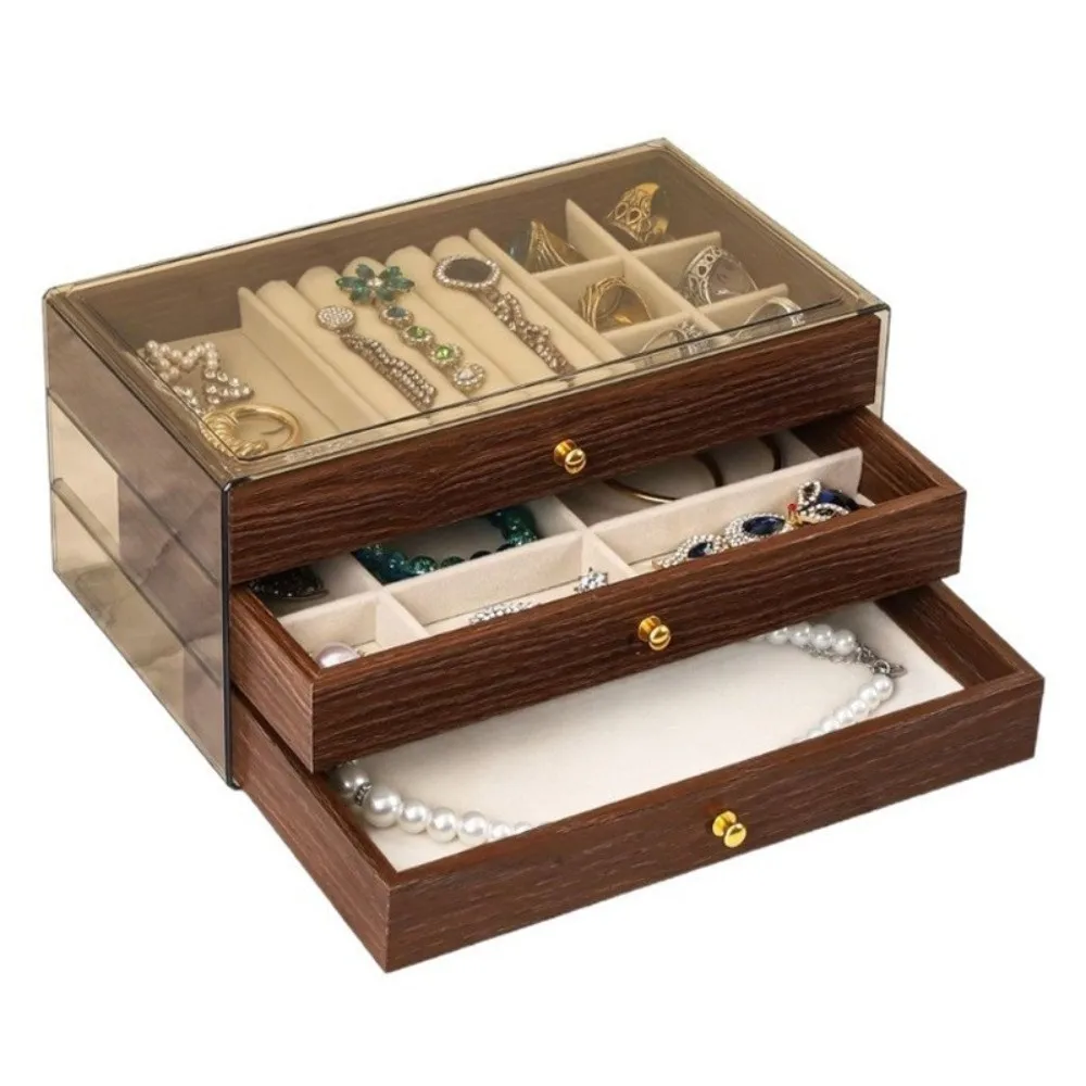 

Multi-layer Wooden Jewelry Box Large Capacity Three-layer Drawer Jewelry Storage Case Transparent Window Square Design