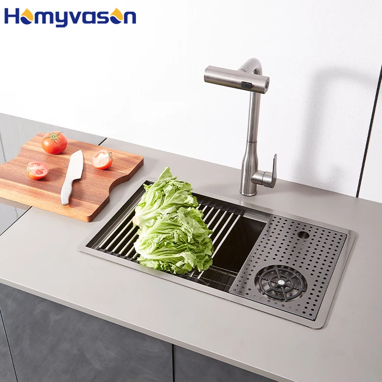 Modern Black Stainless Steel Single Bowl Rinser Small Undermount Handmade Bar Hidden Concealed Multifunctional Kitchen Sink
