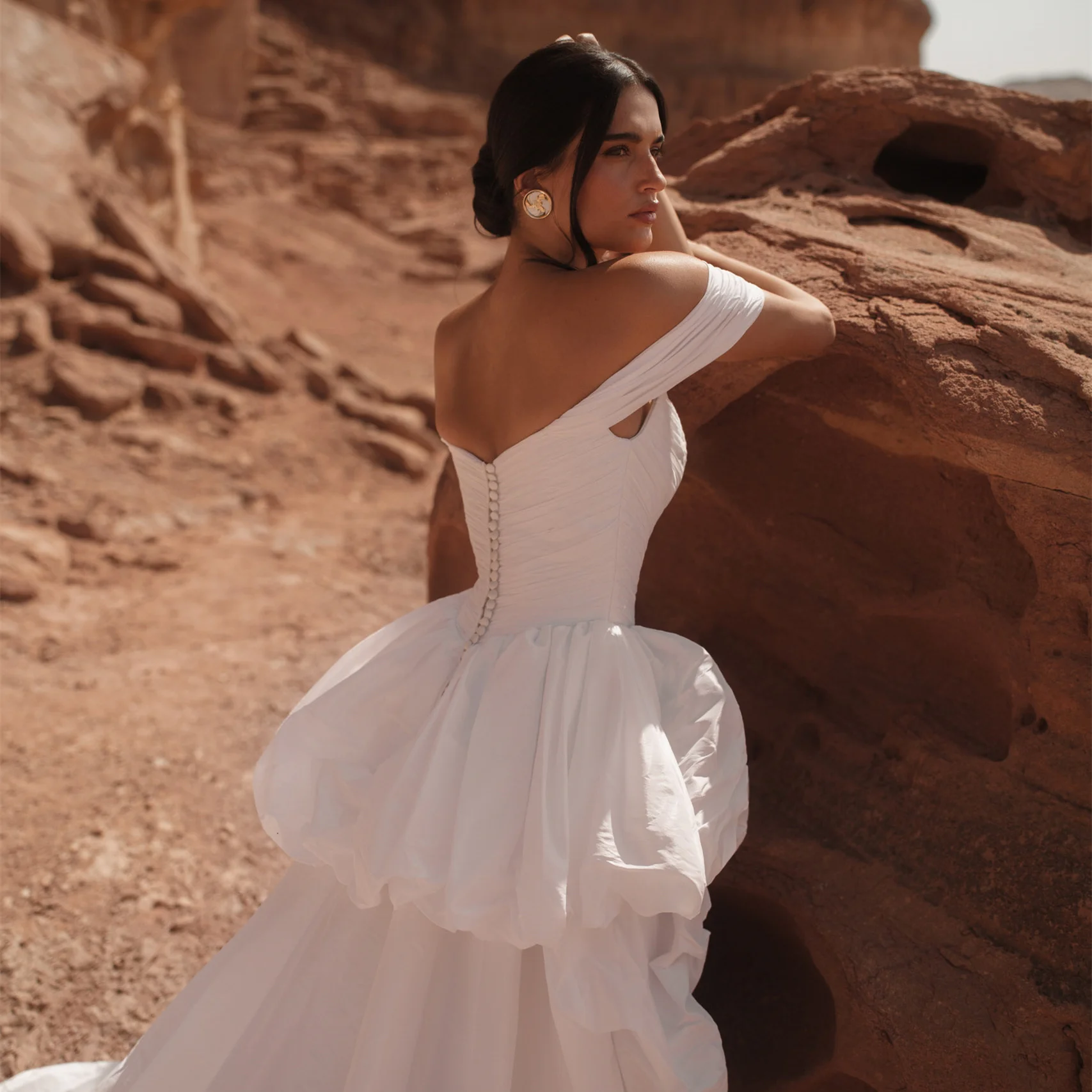 Off Shoulder Bow Decor Wedding Dress Tulle Satin Puffy A Line Bridal Gown Floor Length Women Bride Formal Party Dress