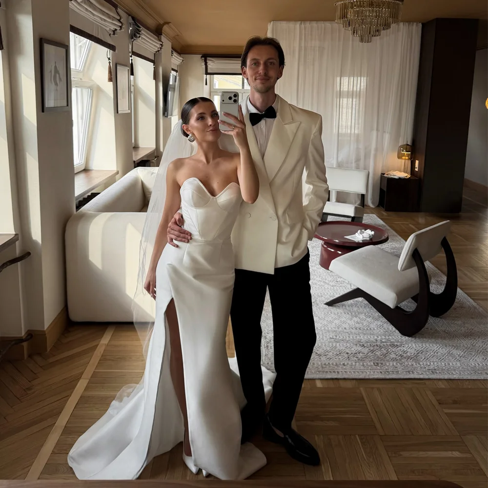 Satin Elegant Wedding Dresses Bride Sweetheart Side Split Mermaid Reception Party Dress Pleated платье свадебное Customized