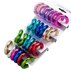 3Pair/Set Acrylic Round Chunky Earrings Hoops for Women New Hammered Metallic Color Circle C Shape Huggies Earring Jewelry Sets