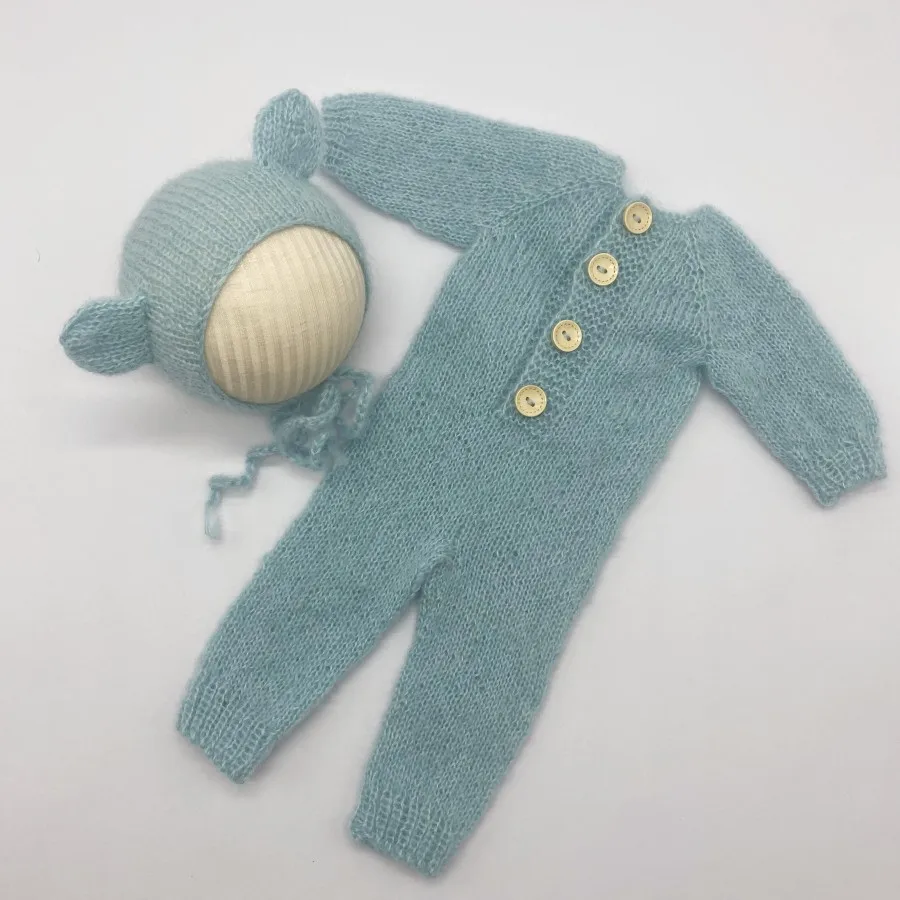 Hand Made Newborn Mohair Onesie  Photography Props Baby  Bear Bonnet & Romper Set