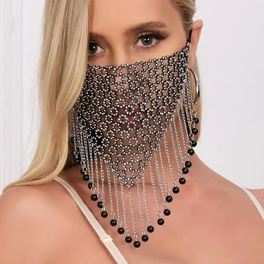 

Delicate Fishing Net Rhinestone Mask Bling Shining Face Cover Tassel Hollow Masquerade Mask Wedding
