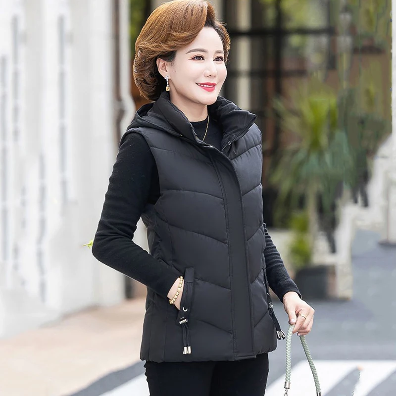 2024 New Winter Parkas Vest Jacket Women Middle Aged Waistcoat Sleeves Down Cotton Plus Velvet Warm Coats Female Casual Overcoat