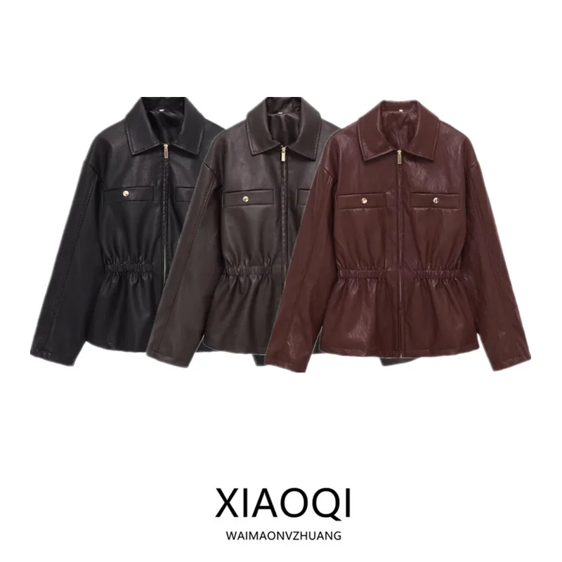 Colete de Couro Feminino Inverno 2025 com Zíper, Cintura Elástica, Manga Longa e Gola Reversível, Moda Externa Inovadora