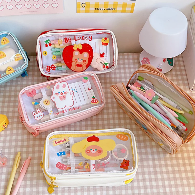 3-layer Pencil Case Large Capacity Kawaii Transparant Pencil Bag Cartoon PVC Waterproof Box for Girls School Supplies Stationery