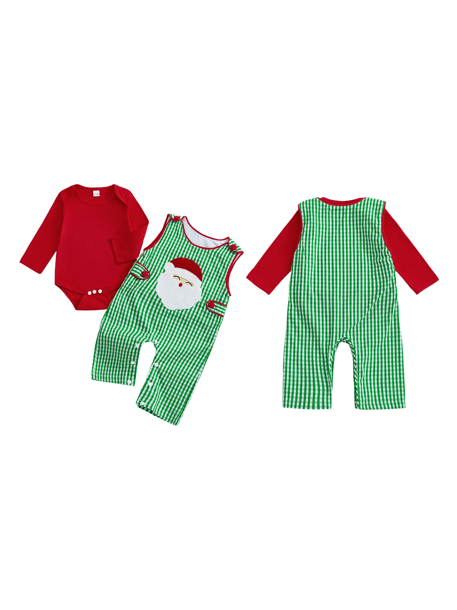 Costume natalizio unisex per bambini, pagliaccetto scozzese rosso e tuta ricamata con Babbo Natale, completo da 2 pezzi per neonati e ragazze