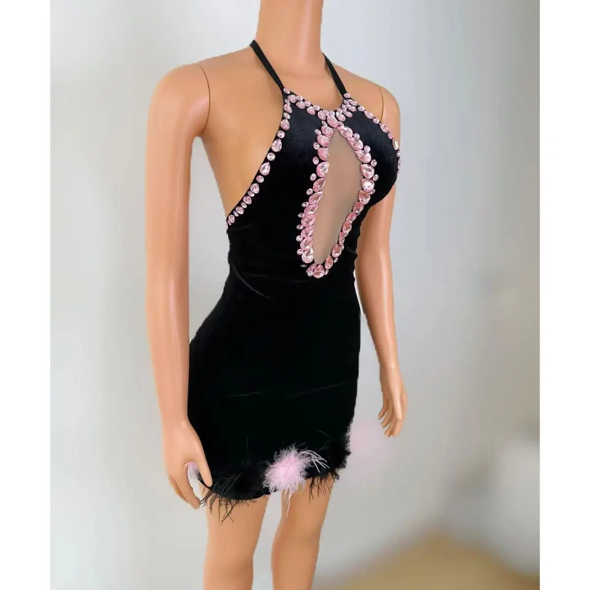 Bar DJ Nightclub Female Singer Stage Costume Sexy Fluffy Back Hanging Neck Short Skirt Dance Team Party Theme Show Clothing