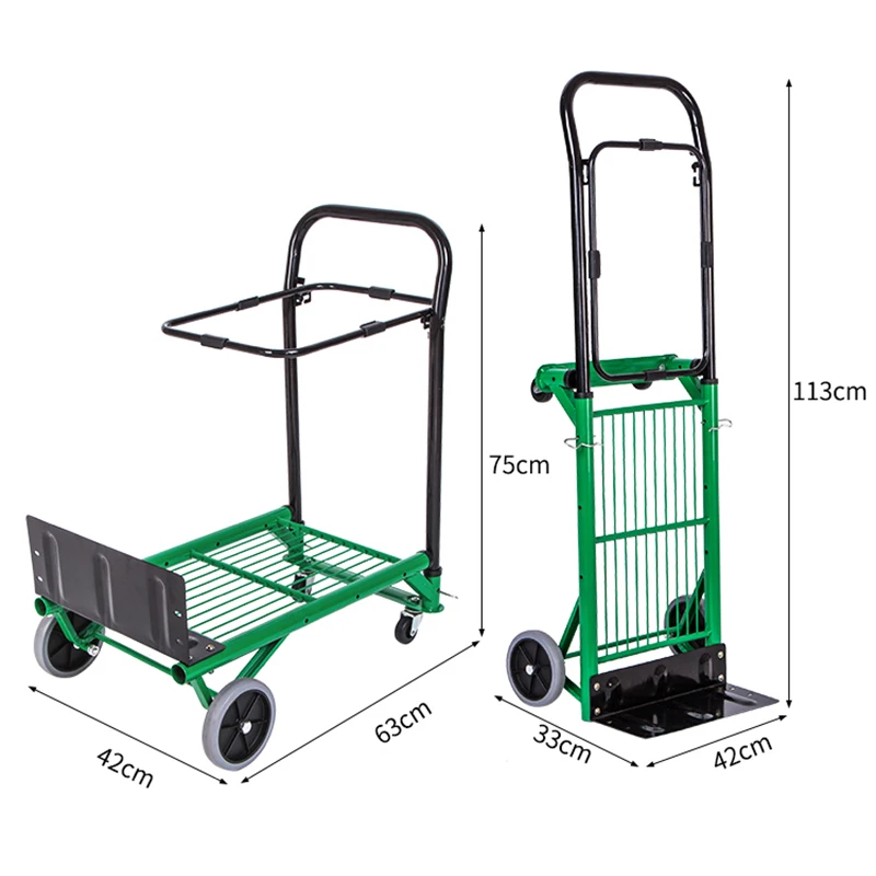 90kg Load Portable Folding Trolley – Flatbed Design, TPR Big Wheel, Multi-Use for Small Trailer & Garbage Recycling