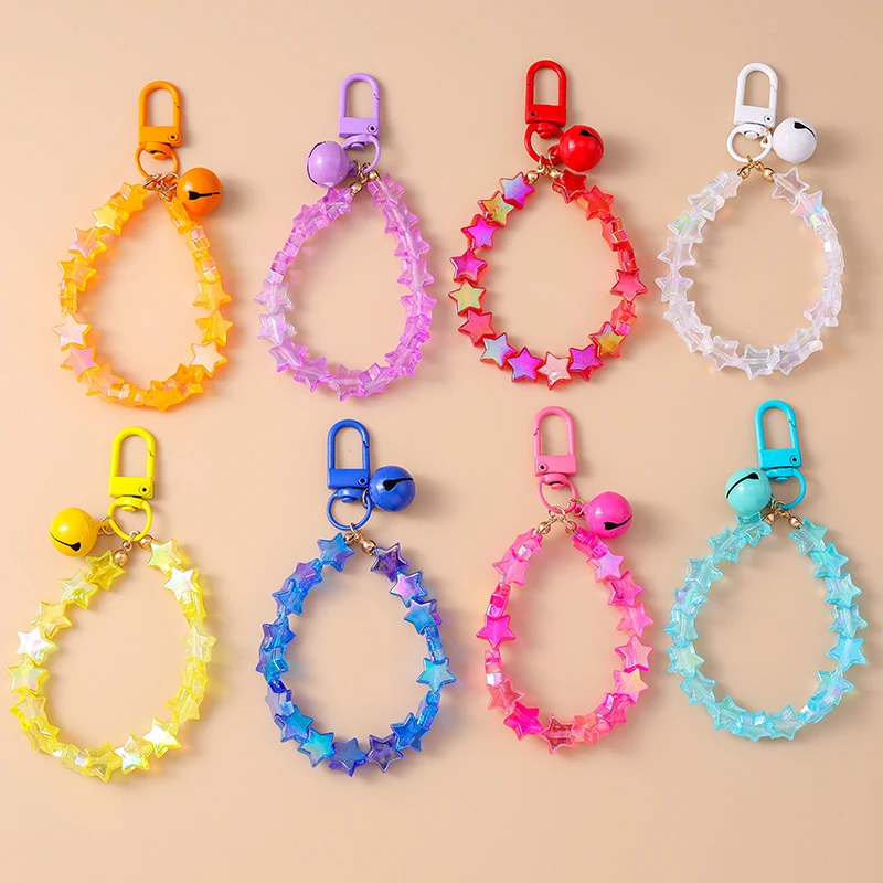 Pulsera de cuentas de estrella hecha a mano colorida a la moda, llavero con campana para llave de coche, llaveros colgantes para bolso de mujer y hombre, regalos de joyería DIY