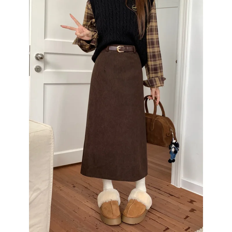 High Waist Slimming Retro Corduroy Skirt Autumn Winter Sense That Covers The Cross, Straight Tube, A-line Mid Length Hip Hugging