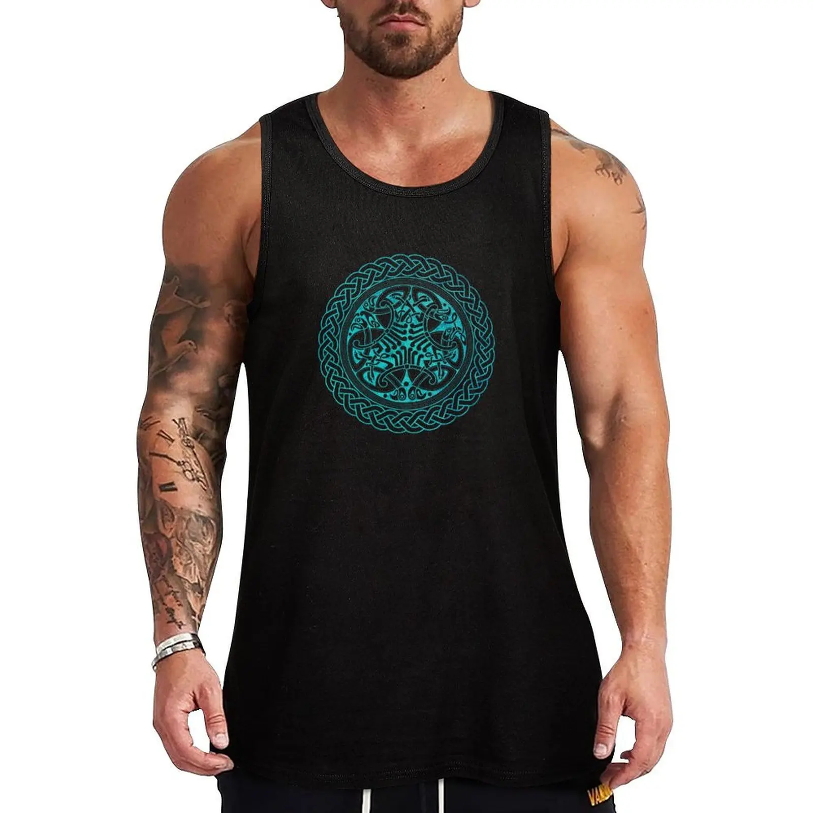 Watercolor Blue Celtic Knot Ring With Birds Tank Top Geometric Print Tank Top Modern Graphic Sleeveless
