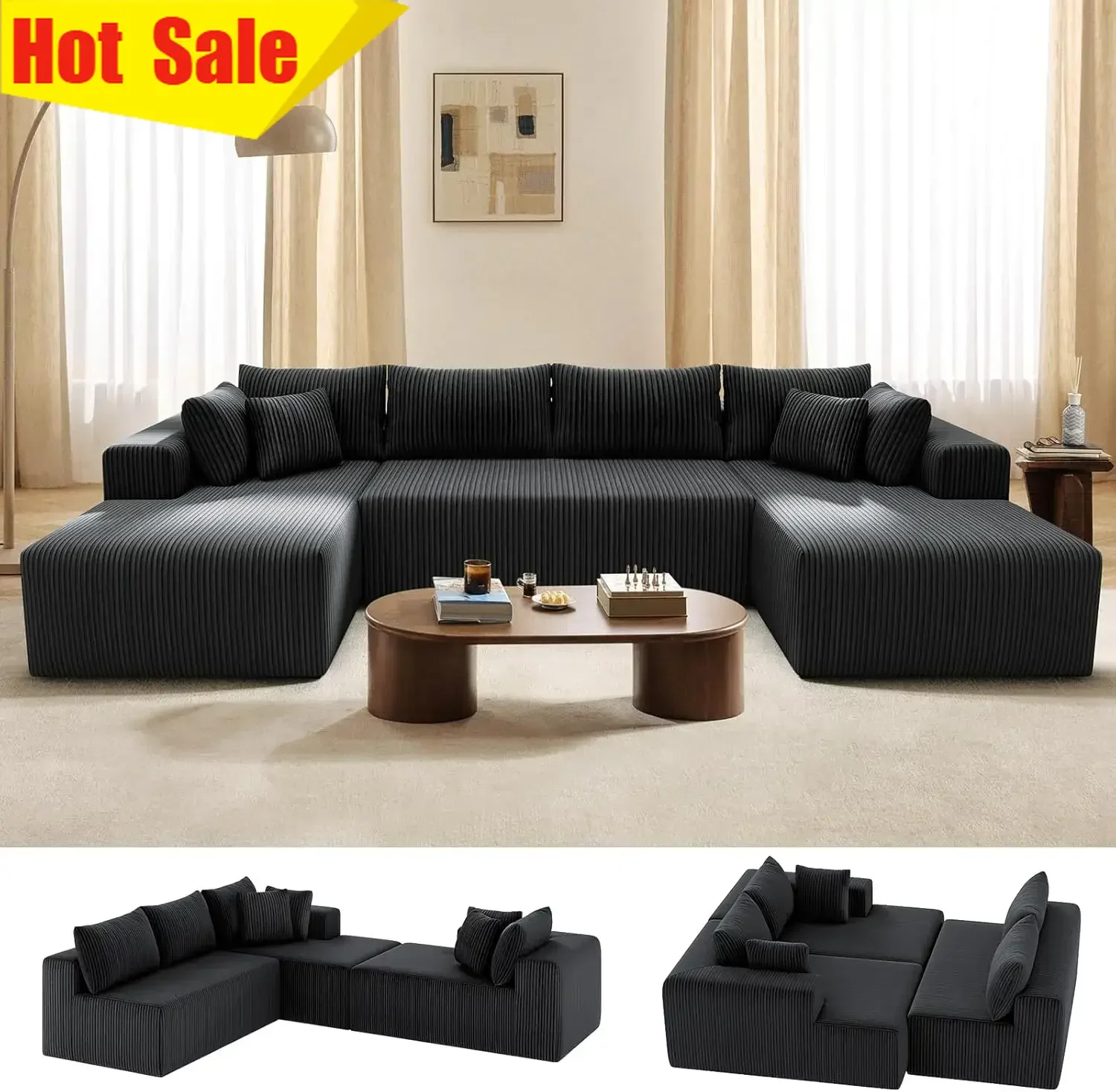 Cloud Couch U Shaped Sectional Sofa 134 Modular Boneless Couches for Living Room Corduroy Deep Seat Sofa with 2 Chaise Lounges