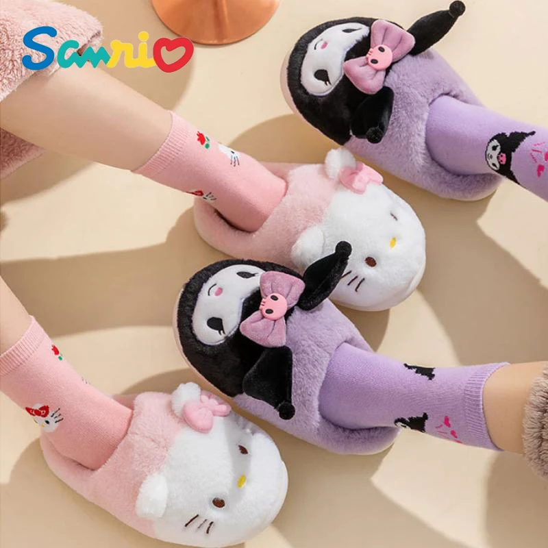 

Anime Kawaii Sanrios My Melody Cinnamoroll Kuromi Hellokittys Kids Cotton Slippers Cute Thick-Soled Warm Parent-Child Home Shoes