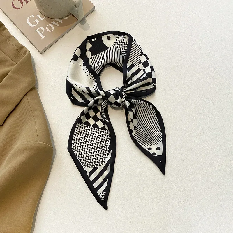 Spring/Summer Black Print Ribbon Shirt Paired Scarf For Women Classic Versatile Neckerchief Decorative Imitation Silk Headband