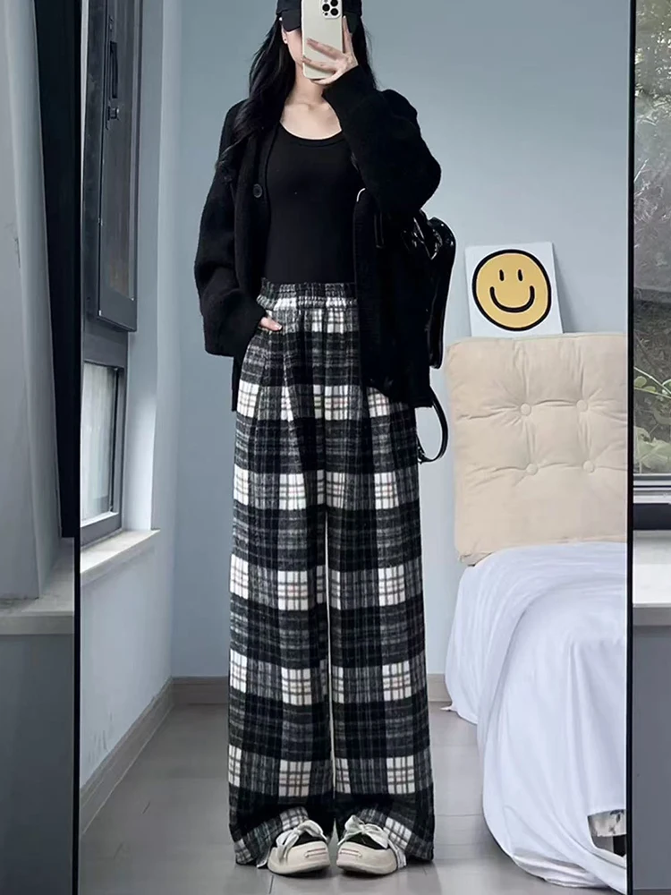 Retro xadrez de lã do falso calças largas perna feminina inverno grosso cintura alta solta calças casuais y2k streetwear todos os jogos misturados