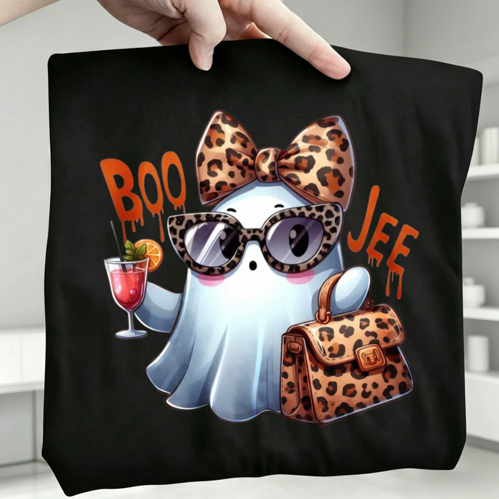 Sunglasses Leopard Ghost Halloween T-Shirt Cute Spooky Fall Tee Coquette Boo Jee Tshirt Funny Cartoon Ghost Cotton Unisex Shirt