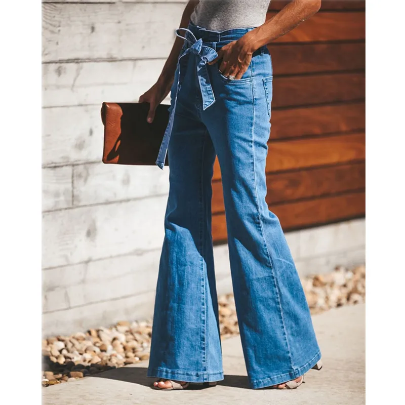 Blue Tie Waist Flare Jeans Women Slim Denim Trousers Vintage Clothes 2021 spring High  Pants Belted Stretchy Wide Leg 